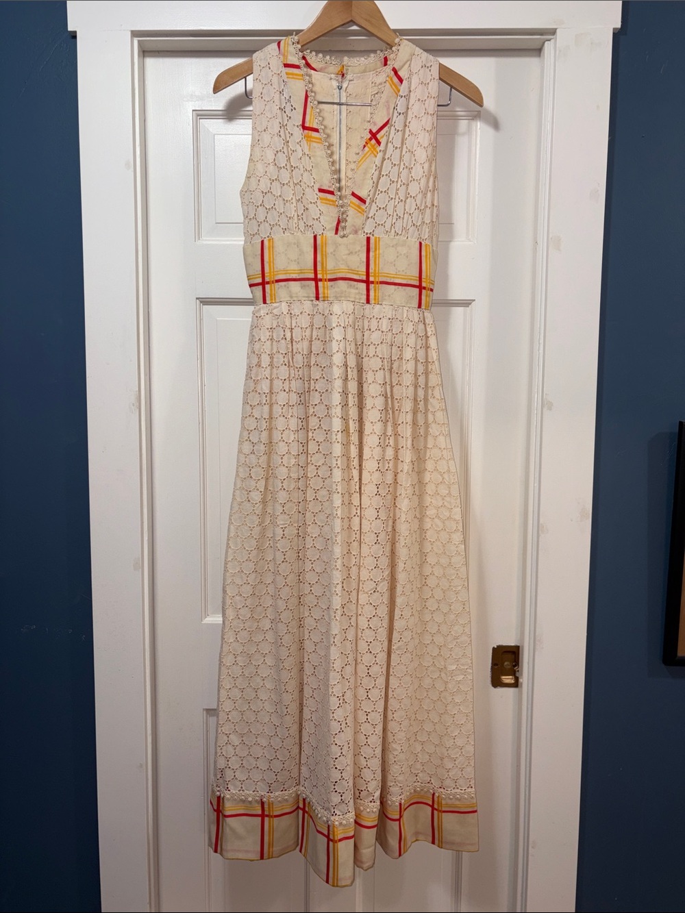 VINTAGE OOAK Cream Lace Maxi Dress with Yellow & Red Plaid Trim